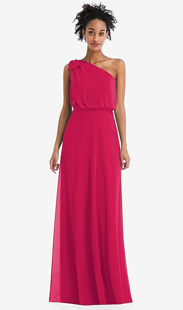 Front View - Vivid Pink One-Shoulder Bow Blouson Bodice Maxi Dress