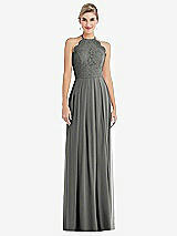 Front View Thumbnail - Charcoal Gray Tie-Neck Lace Halter Pleated Skirt Maxi Dress