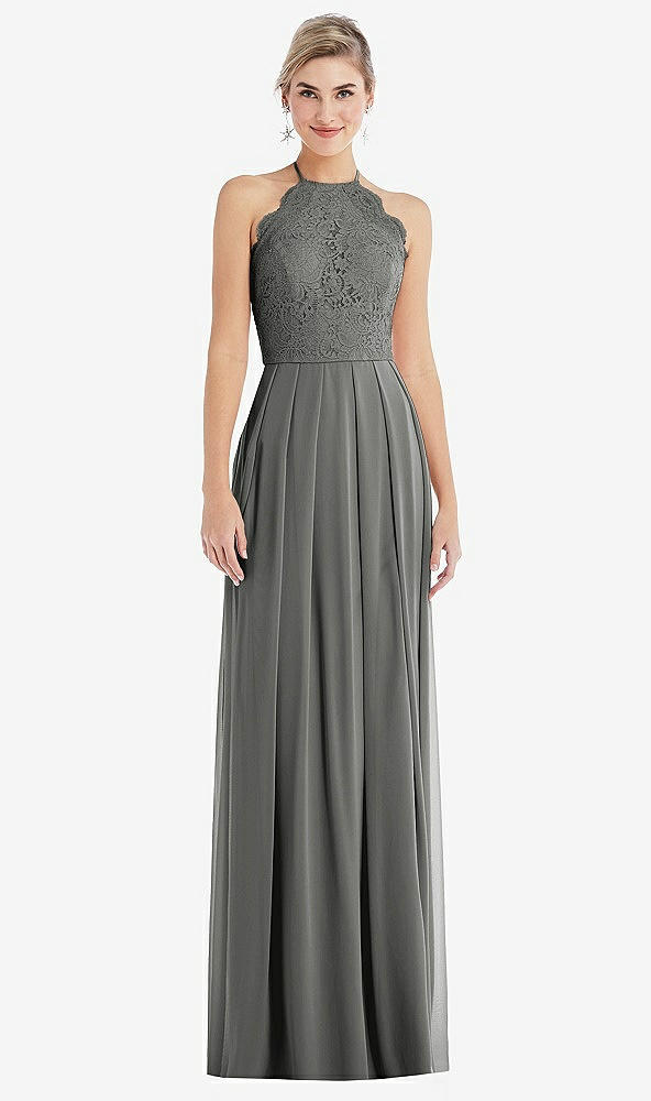 Front View - Charcoal Gray Tie-Neck Lace Halter Pleated Skirt Maxi Dress