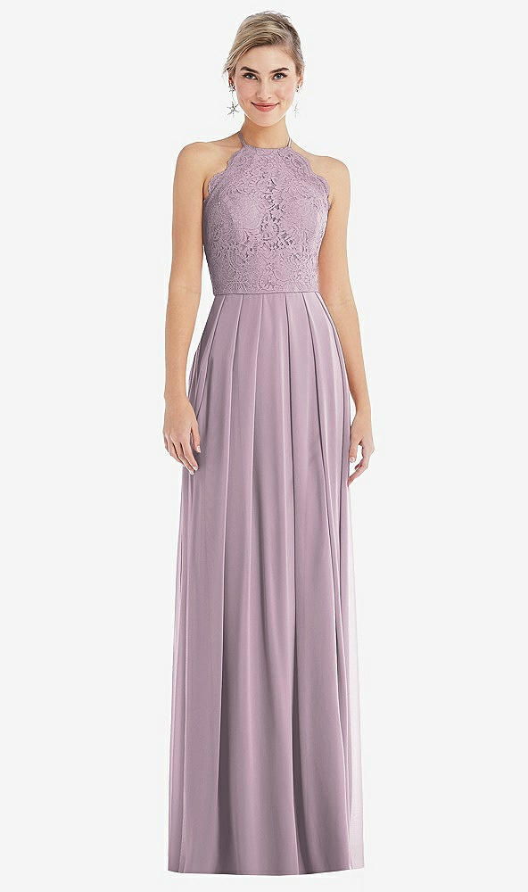 Front View - Suede Rose Tie-Neck Lace Halter Pleated Skirt Maxi Dress