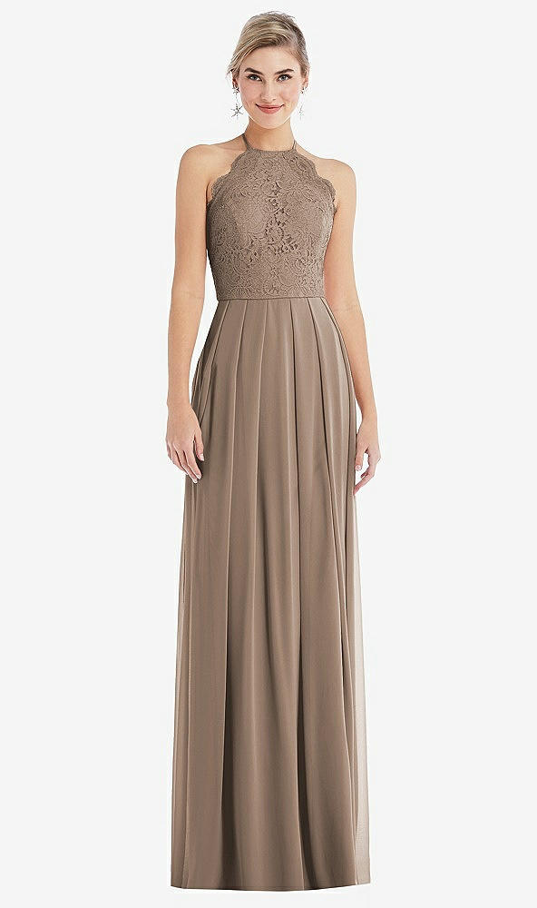 Front View - Topaz Tie-Neck Lace Halter Pleated Skirt Maxi Dress