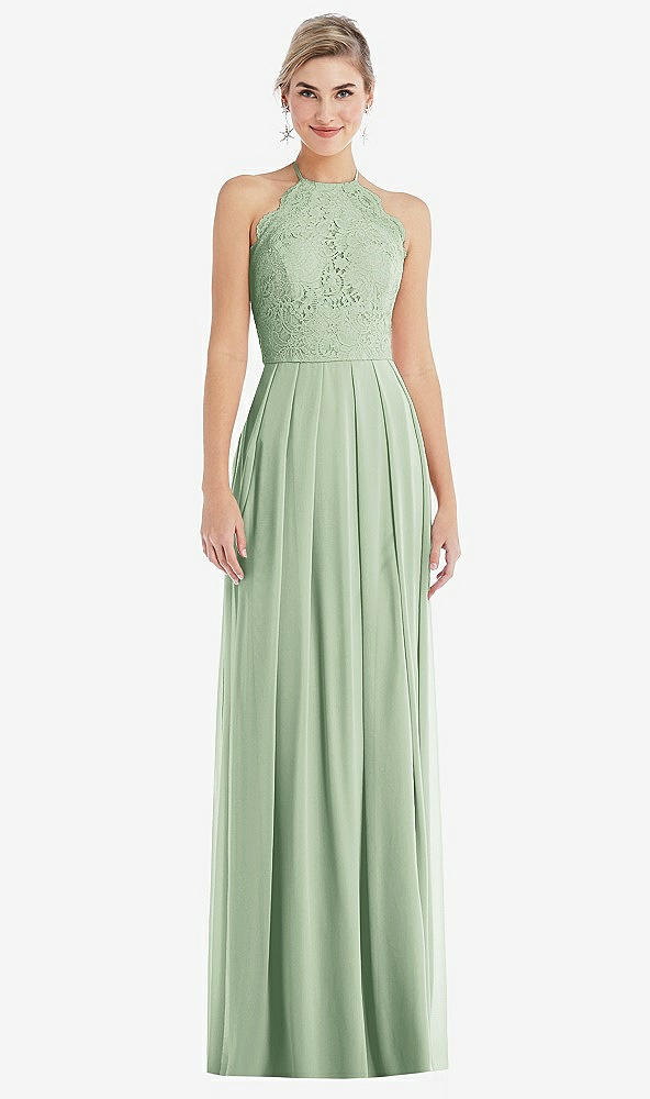 Front View - Celadon Tie-Neck Lace Halter Pleated Skirt Maxi Dress