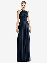 Front View Thumbnail - Midnight Navy Tie-Neck Lace Halter Pleated Skirt Maxi Dress