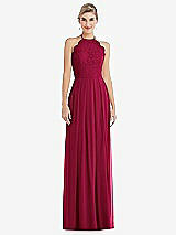 Front View Thumbnail - Spanish Red Tie-Neck Lace Halter Pleated Skirt Maxi Dress