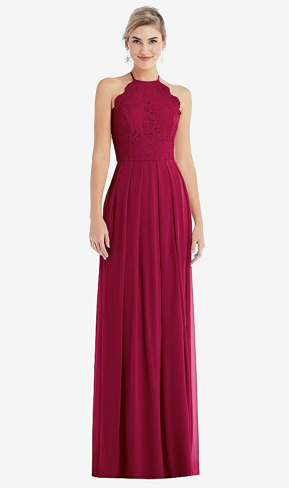 Front View - Spanish Red Tie-Neck Lace Halter Pleated Skirt Maxi Dress