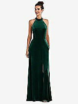 Front View Thumbnail - Evergreen High-Neck Halter Velvet Maxi Dress with Front Slit