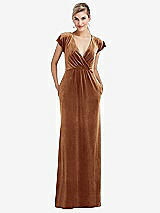 Front View Thumbnail - Golden Almond Flutter Sleeve Wrap Bodice Velvet Maxi Dress with Pockets