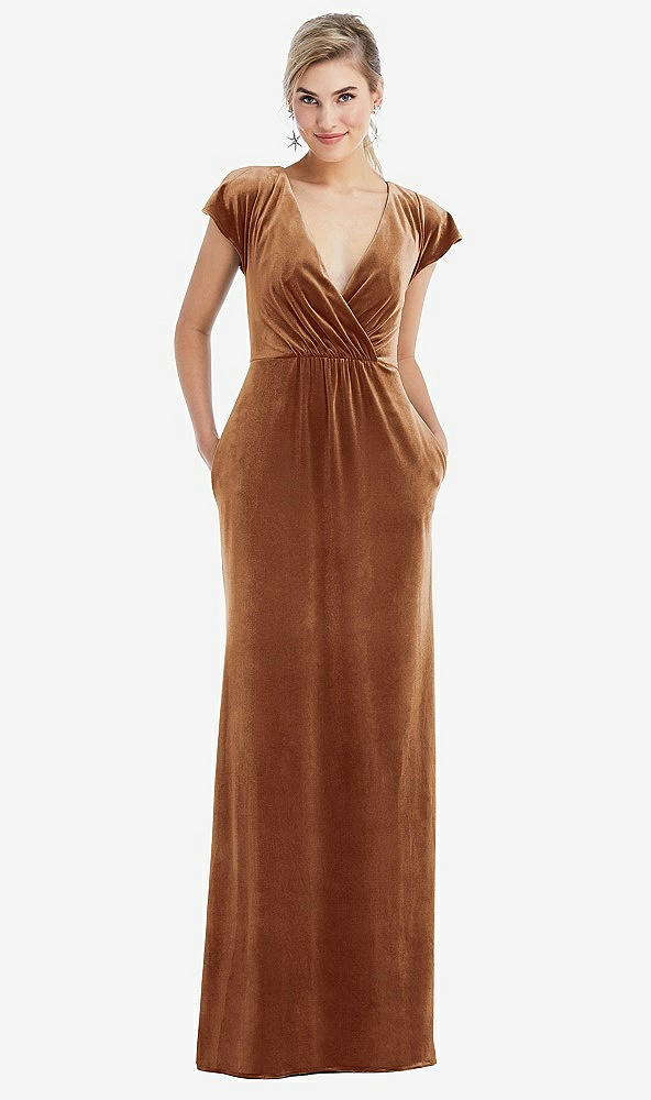 Front View - Golden Almond Flutter Sleeve Wrap Bodice Velvet Maxi Dress with Pockets