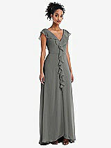 Front View Thumbnail - Charcoal Gray Ruffle-Trimmed V-Back Chiffon Maxi Dress
