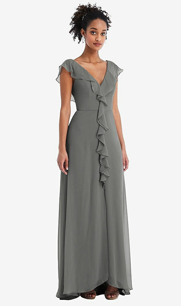 Front View - Charcoal Gray Ruffle-Trimmed V-Back Chiffon Maxi Dress
