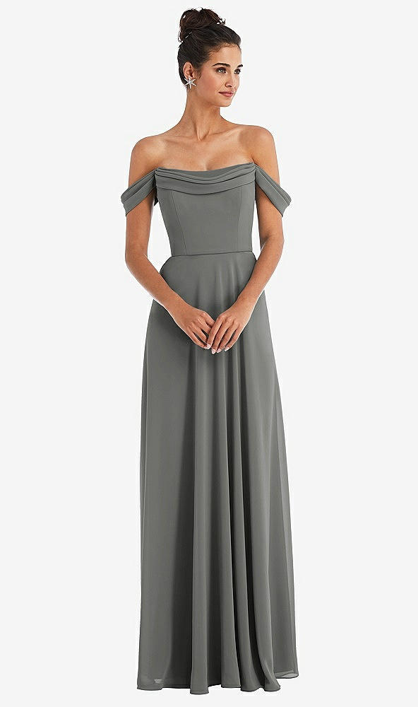 Front View - Charcoal Gray Off-the-Shoulder Draped Neckline Maxi Dress