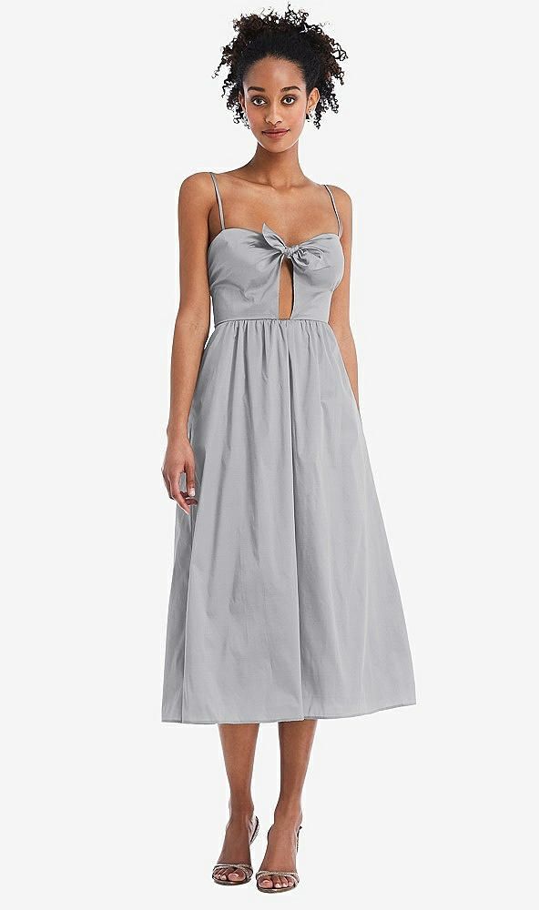Front View - French Gray Bow-Tie Cutout Bodice Midi Dress with Pockets