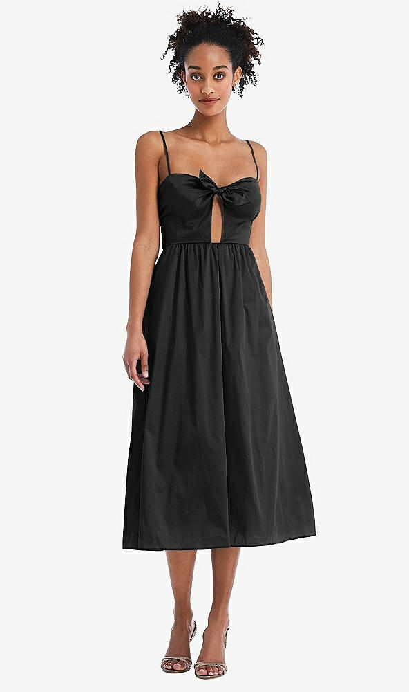 Front View - Black Bow-Tie Cutout Bodice Midi Dress with Pockets