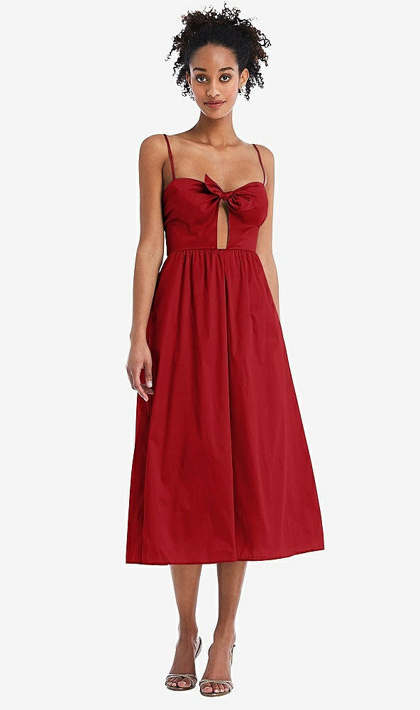 Front View - Garnet Bow-Tie Cutout Bodice Midi Dress with Pockets