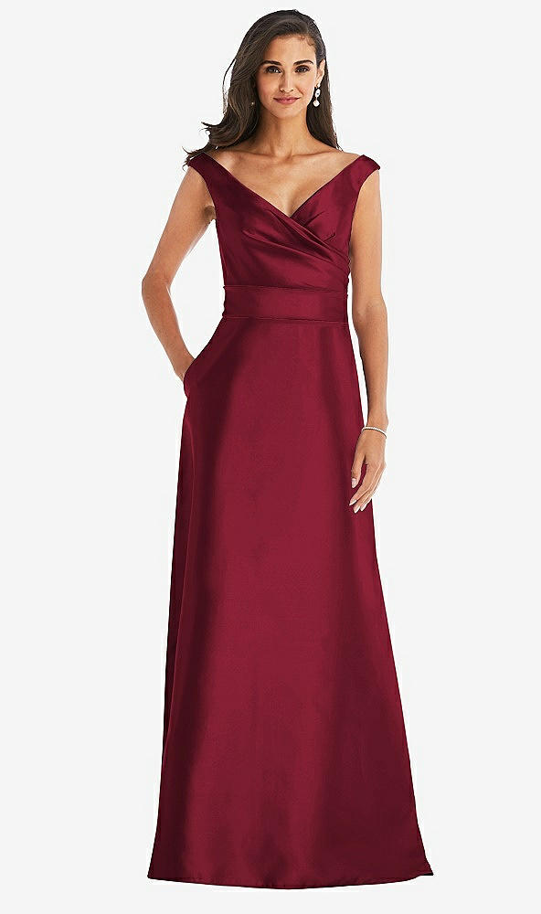 Front View - Burgundy & Burgundy Off-the-Shoulder Draped Wrap Satin Maxi Dress