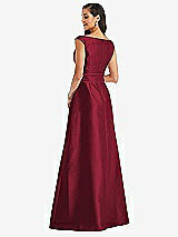 Rear View Thumbnail - Burgundy & Burgundy Off-the-Shoulder Draped Wrap Satin Maxi Dress
