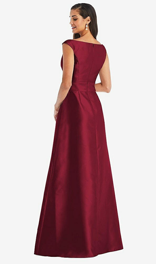 Back View - Burgundy & Burgundy Off-the-Shoulder Draped Wrap Satin Maxi Dress