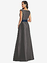 Rear View Thumbnail - Caviar Gray & Midnight Navy Off-the-Shoulder Draped Wrap Satin Maxi Dress