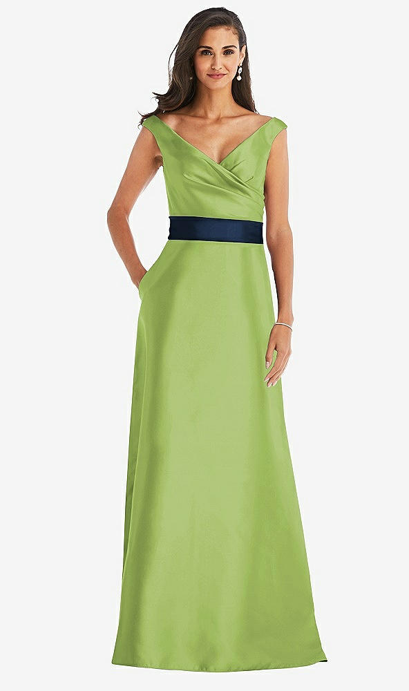 Front View - Mojito & Midnight Navy Off-the-Shoulder Draped Wrap Satin Maxi Dress