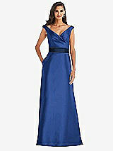 Front View Thumbnail - Classic Blue & Midnight Navy Off-the-Shoulder Draped Wrap Satin Maxi Dress