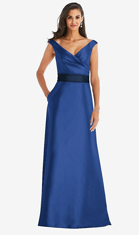 Front View - Classic Blue & Midnight Navy Off-the-Shoulder Draped Wrap Satin Maxi Dress