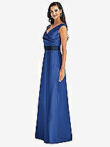 Side View Thumbnail - Classic Blue & Midnight Navy Off-the-Shoulder Draped Wrap Satin Maxi Dress
