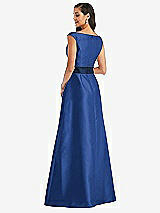 Rear View Thumbnail - Classic Blue & Midnight Navy Off-the-Shoulder Draped Wrap Satin Maxi Dress