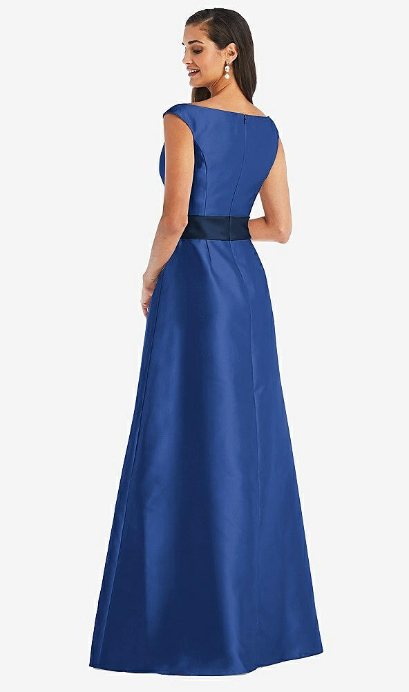 Back View - Classic Blue & Midnight Navy Off-the-Shoulder Draped Wrap Satin Maxi Dress