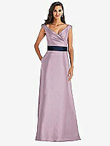 Front View Thumbnail - Suede Rose & Midnight Navy Off-the-Shoulder Draped Wrap Satin Maxi Dress
