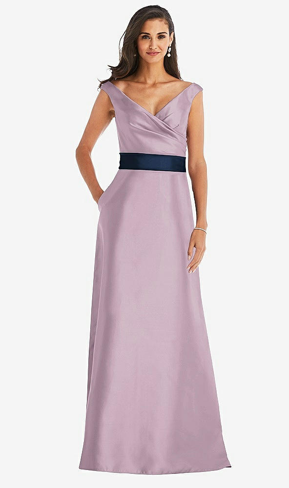 Front View - Suede Rose & Midnight Navy Off-the-Shoulder Draped Wrap Satin Maxi Dress