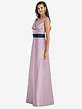Side View Thumbnail - Suede Rose & Midnight Navy Off-the-Shoulder Draped Wrap Satin Maxi Dress