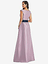 Rear View Thumbnail - Suede Rose & Midnight Navy Off-the-Shoulder Draped Wrap Satin Maxi Dress
