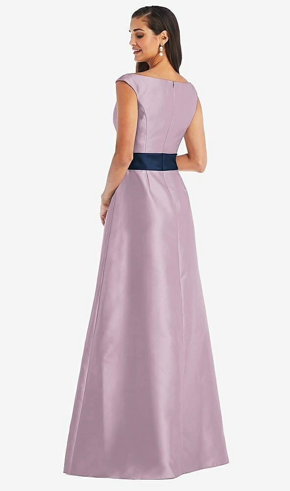 Back View - Suede Rose & Midnight Navy Off-the-Shoulder Draped Wrap Satin Maxi Dress