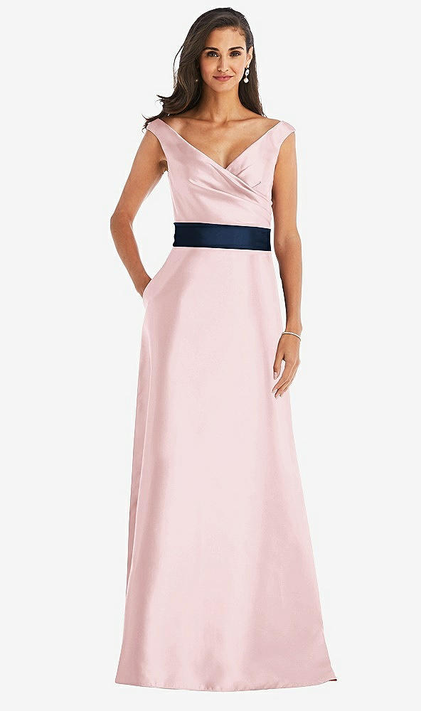 Front View - Ballet Pink & Midnight Navy Off-the-Shoulder Draped Wrap Satin Maxi Dress