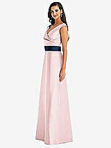Side View Thumbnail - Ballet Pink & Midnight Navy Off-the-Shoulder Draped Wrap Satin Maxi Dress