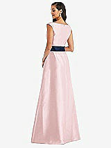 Rear View Thumbnail - Ballet Pink & Midnight Navy Off-the-Shoulder Draped Wrap Satin Maxi Dress