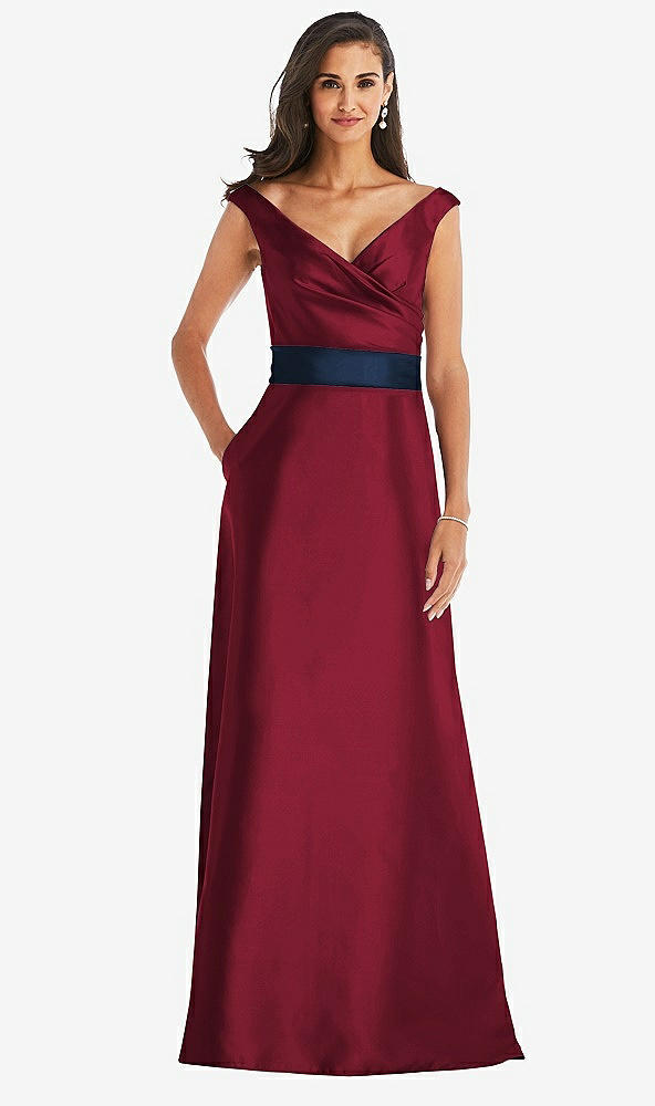 Front View - Burgundy & Midnight Navy Off-the-Shoulder Draped Wrap Satin Maxi Dress