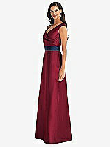 Side View Thumbnail - Burgundy & Midnight Navy Off-the-Shoulder Draped Wrap Satin Maxi Dress