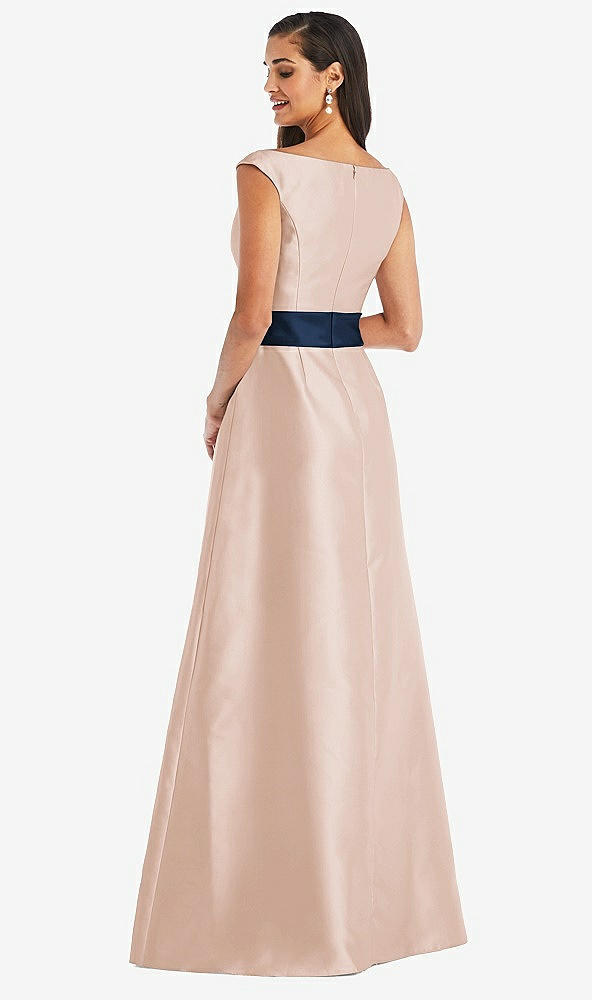 Back View - Cameo & Midnight Navy Off-the-Shoulder Draped Wrap Satin Maxi Dress
