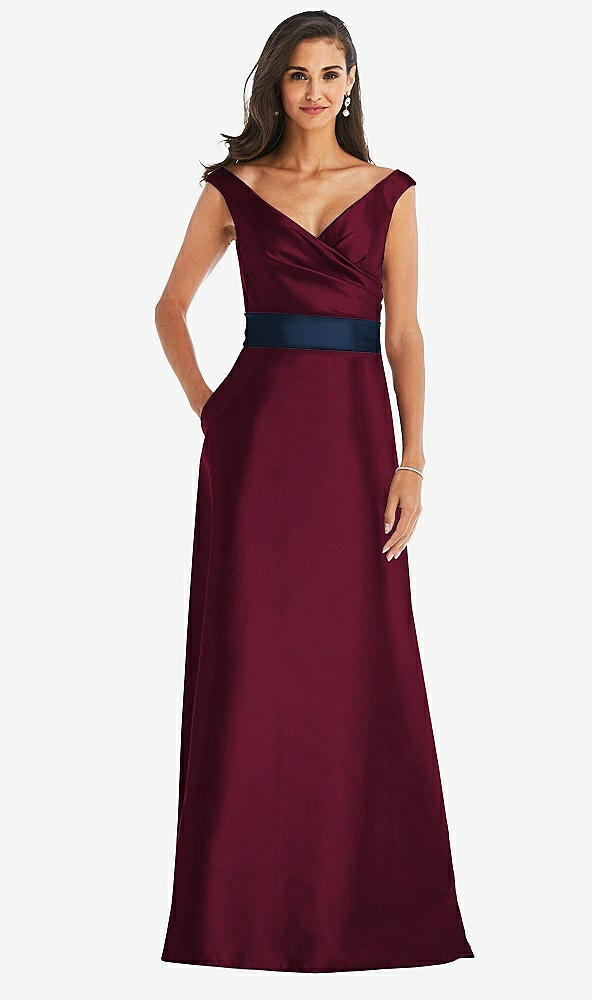 Front View - Cabernet & Midnight Navy Off-the-Shoulder Draped Wrap Satin Maxi Dress