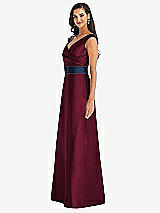 Side View Thumbnail - Cabernet & Midnight Navy Off-the-Shoulder Draped Wrap Satin Maxi Dress