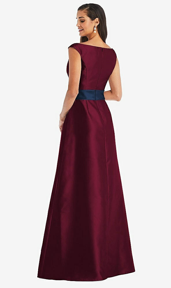 Back View - Cabernet & Midnight Navy Off-the-Shoulder Draped Wrap Satin Maxi Dress