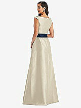 Rear View Thumbnail - Champagne & Midnight Navy Off-the-Shoulder Draped Wrap Satin Maxi Dress