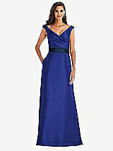 Front View Thumbnail - Cobalt Blue & Midnight Navy Off-the-Shoulder Draped Wrap Satin Maxi Dress