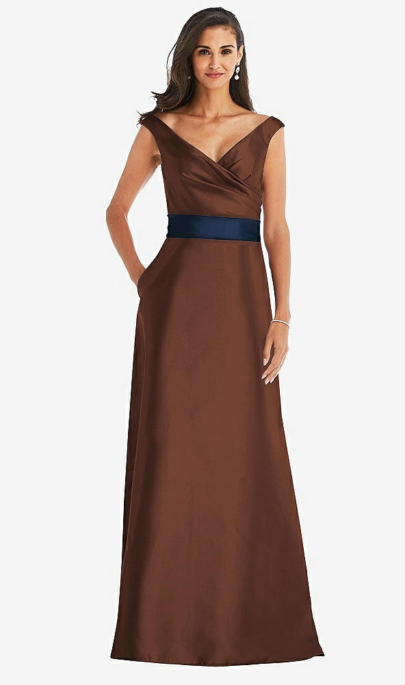Front View - Cognac & Midnight Navy Off-the-Shoulder Draped Wrap Satin Maxi Dress