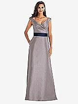 Front View Thumbnail - Cashmere Gray & Midnight Navy Off-the-Shoulder Draped Wrap Satin Maxi Dress
