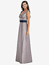 Side View Thumbnail - Cashmere Gray & Midnight Navy Off-the-Shoulder Draped Wrap Satin Maxi Dress