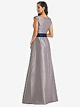 Rear View Thumbnail - Cashmere Gray & Midnight Navy Off-the-Shoulder Draped Wrap Satin Maxi Dress