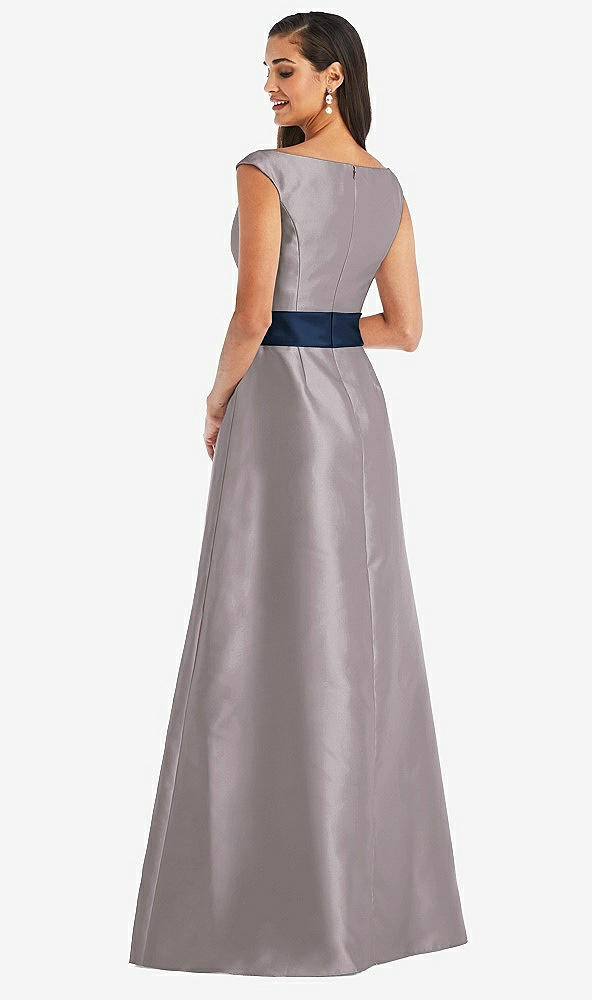 Back View - Cashmere Gray & Midnight Navy Off-the-Shoulder Draped Wrap Satin Maxi Dress
