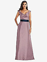 Front View Thumbnail - Dusty Rose & Midnight Navy Off-the-Shoulder Draped Wrap Satin Maxi Dress